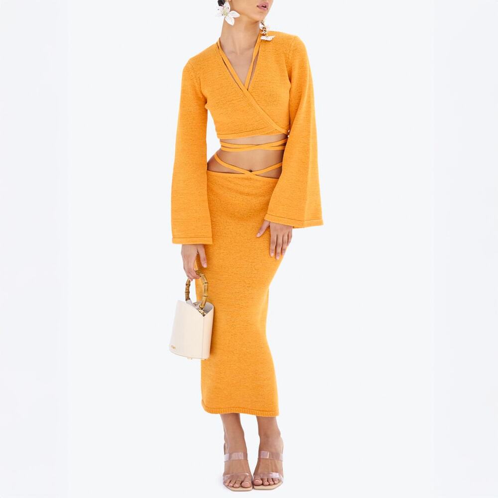 Cult Gaia Heather Wrap Top & Hedda Skirt Knit Set In Marigold